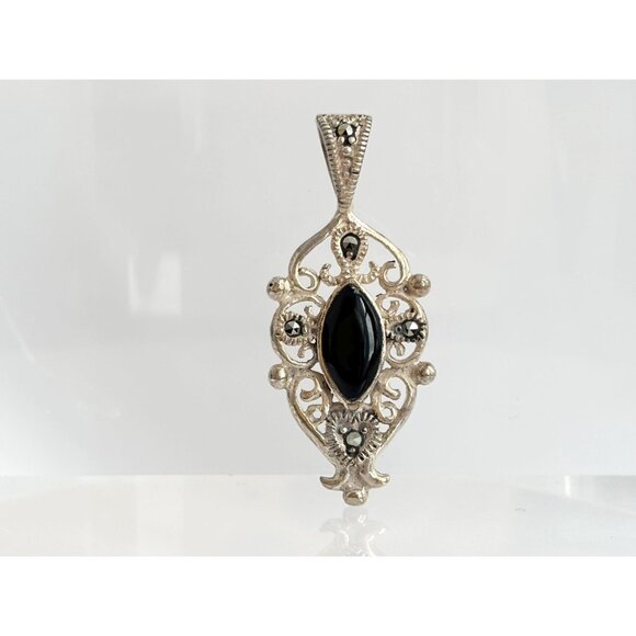Art Deco Black Onyx Sterling Silver Modernist Marcasite 925 Vintage Pendant - Picture 5 of 8